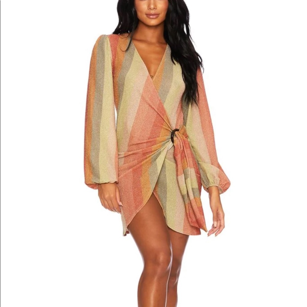 Beach Riot Multicolor Striped Wrap Mini Dress - Coral, Yellow, Green
